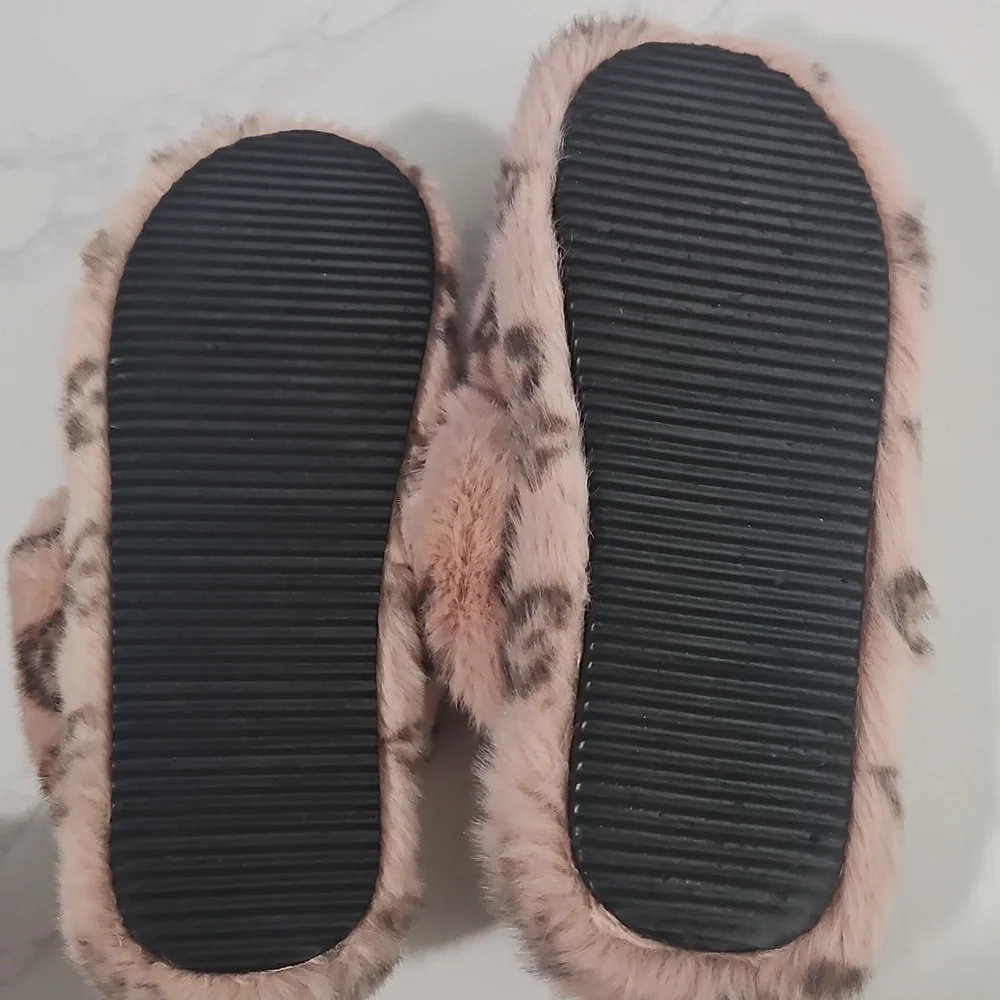 Fuzzy Pink And Brown Monogram Slippers Size 7 - Picture 6 of 6